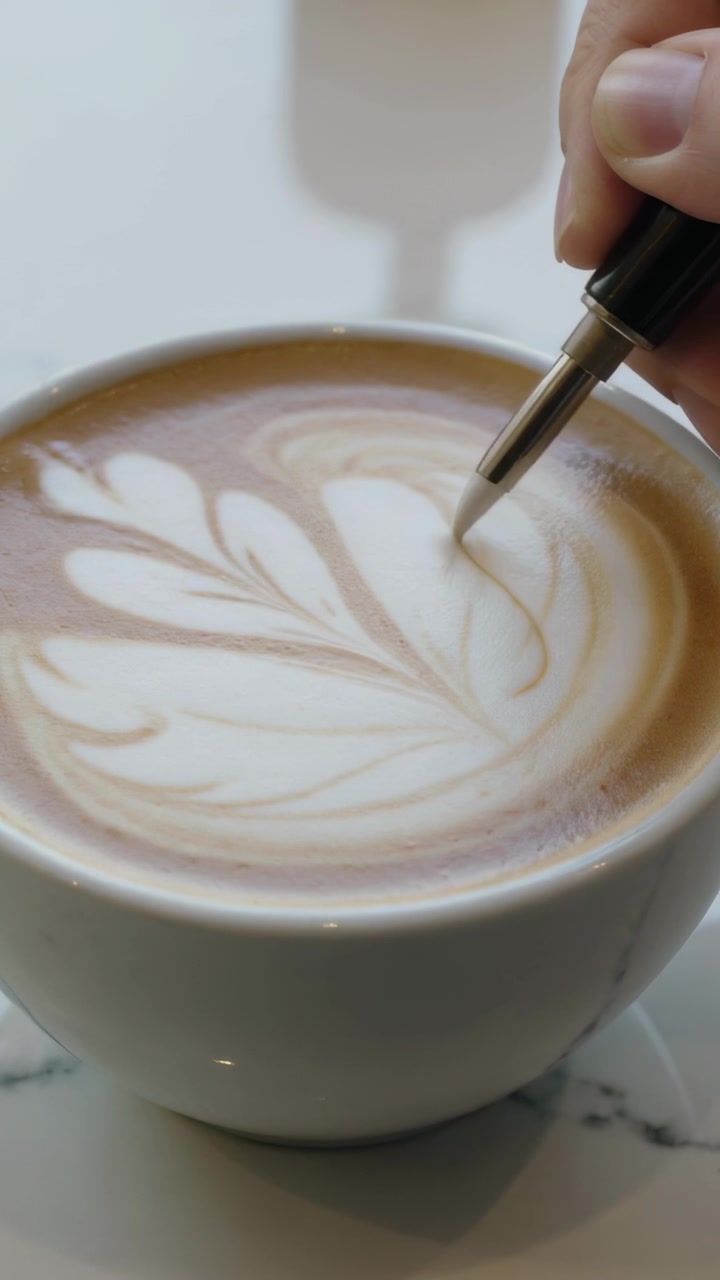 Video verticale: Una mano destra incide una rosetta di schiuma in un caffè usando una penna, mentre finisce un latte macchiato.