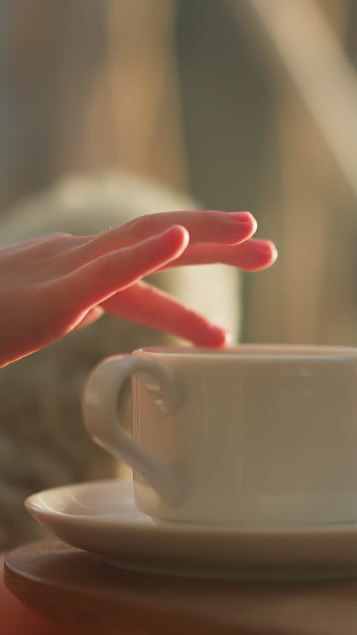 Child move finger along rim of cup. Kid sits at breakfast table with cup of warm tea beginning new day on blurred background. Morning routine