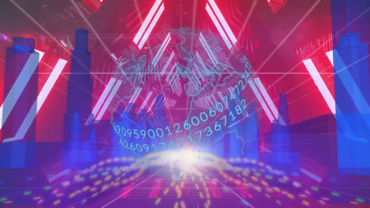 빛나는 터널에 대한 3d 도시 모델을 중심으로 회전하는 지구