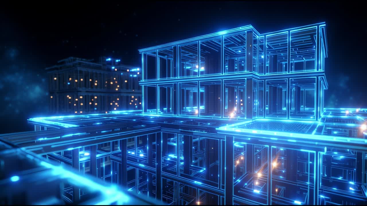 A Stunning Digital City Rendered in Neon Hues Featuring Futuristic Architecture and Glowing Structures Reflecting on a Mirrored Surface Against a Dark Starry Background