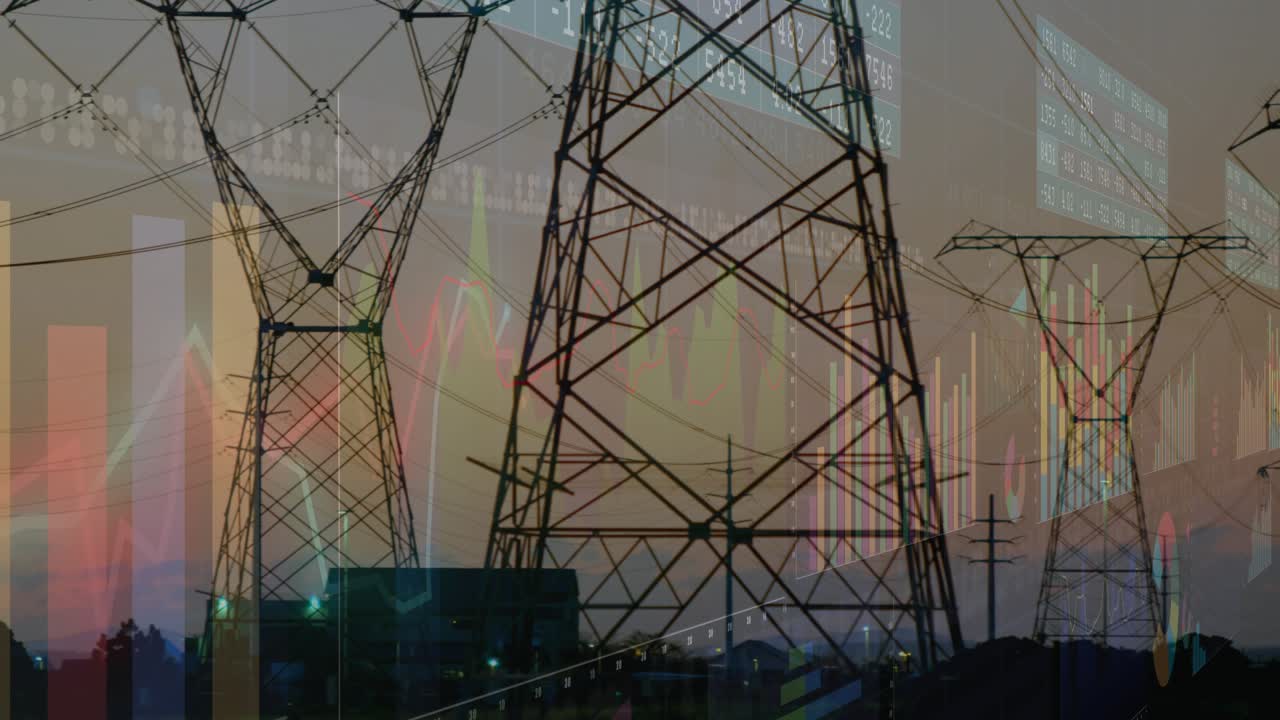 Camera panning and zooming right, towers entering frame, overlays shifting, showing grid data