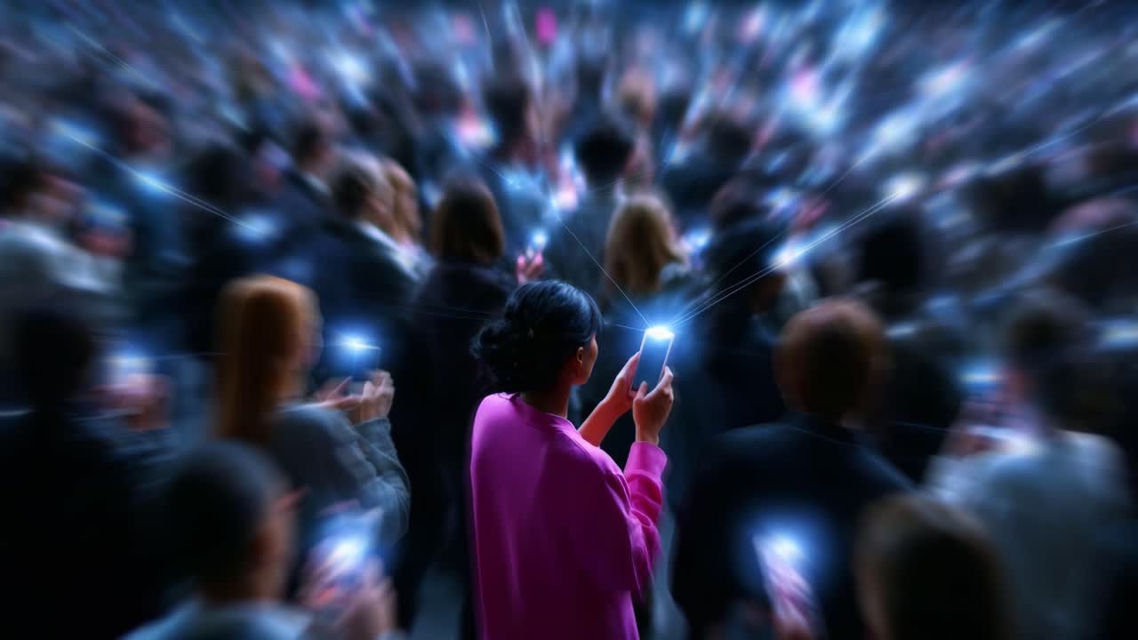Amidst a Sea of Phones: A Singular Spotlight in a Crowd Engaged with Technology, Capturing the Moment in a World Obsessed with Digital Connectivity and Social Interaction, Perfectly Encapsulated in Two Frames