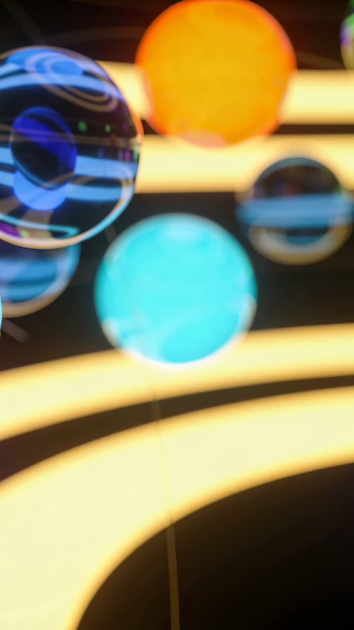 Vertical video: Swaying glass spheres shifting after camera shift in gallery, showing LED rings
