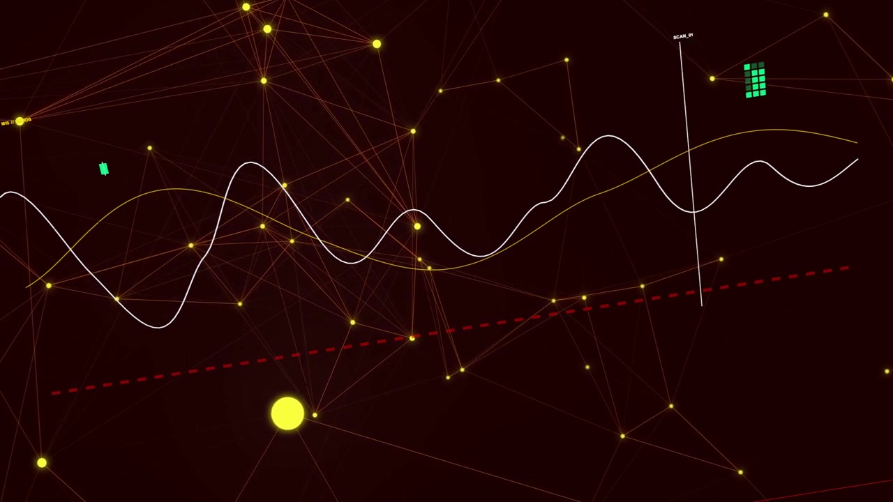 White waveform starting left and lengthening across, nodes pulsing, marker tracking, showing data