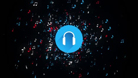 símbolo abstracto de auriculares rodeados de notas musicales en un fondo negro, bucle sin costuras. animación. muchas notas pequeñas que se extienden por toda la pantalla, diseño de estilo de vida musical
