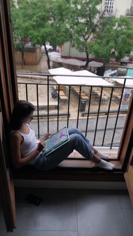 woman working on digital tablet on balcony