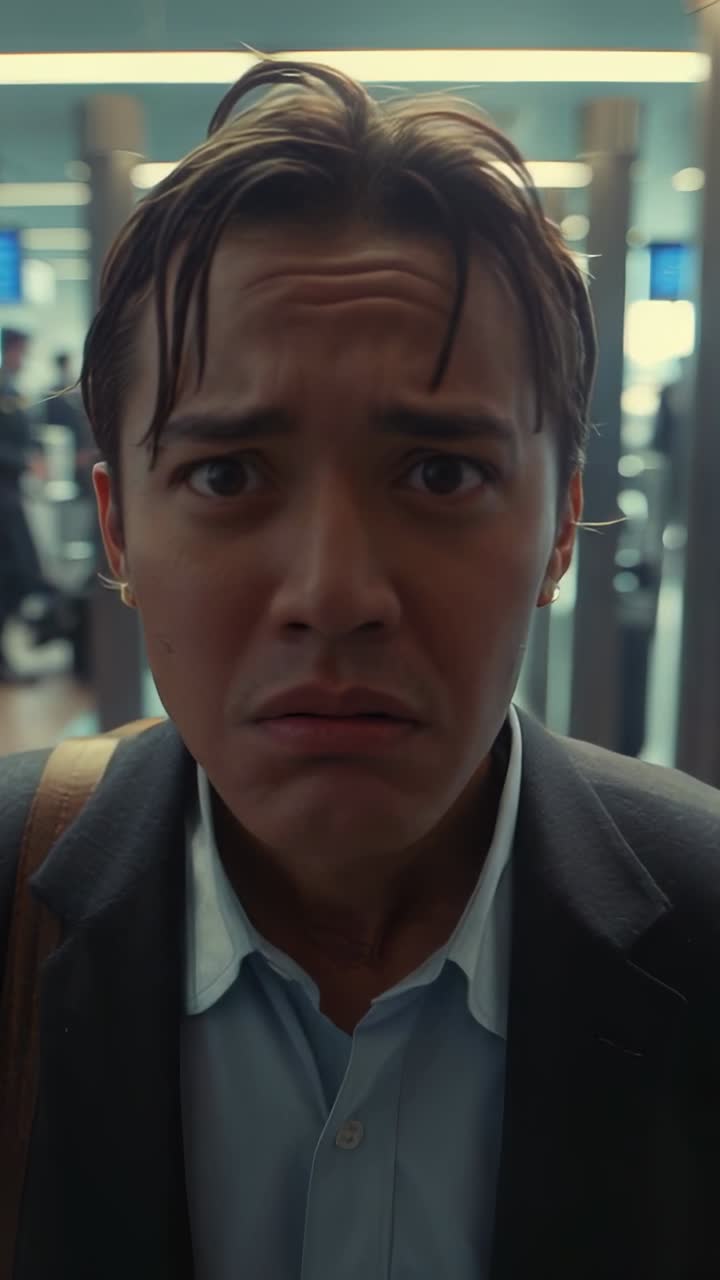 Vertical video: Approaching metal detector arch businessman holding bag boarding looking tense