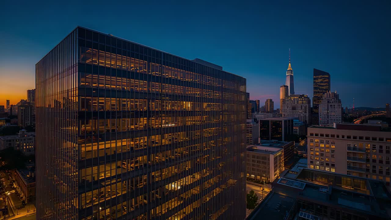 Rising drone panning right over downtown at dusk, showing office tower, lit spire