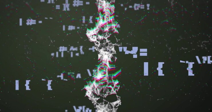 On start mesh forming against green field with nodes pulsing and RGB fringes flickering amid glyphs