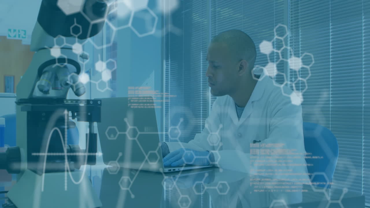 Animation of chemical formula and data processing over biracial male scientist working in lab