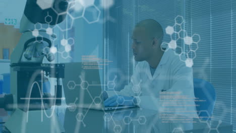 animation of chemical formula and data processing over biracial male scientist working in lab