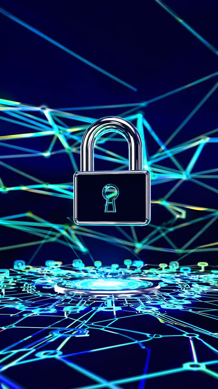 Lucchetto animato che protegge i dati su una rete digitale futuristica