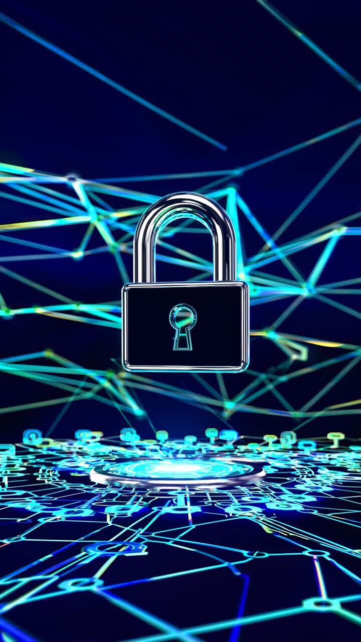 Animated Padlock Securing Data on a Futuristic Digital Network
