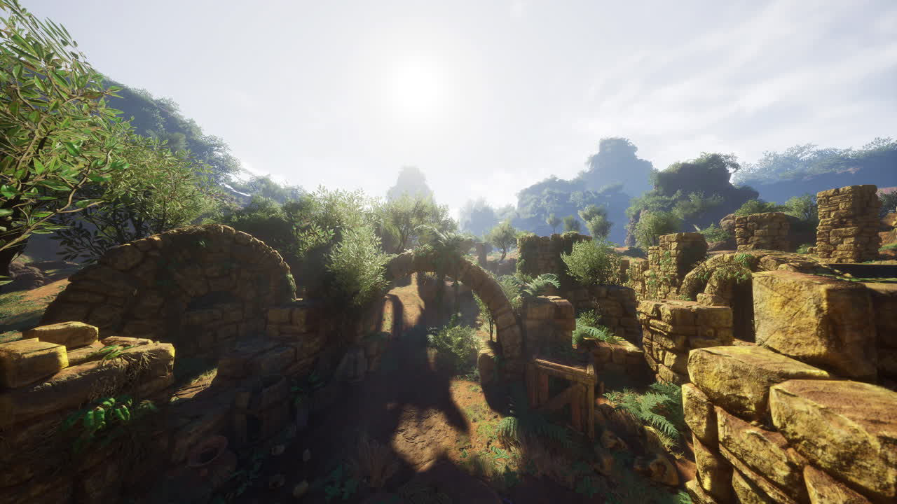 Ruins surrounded by lush vegetation under a bright sun during daytime