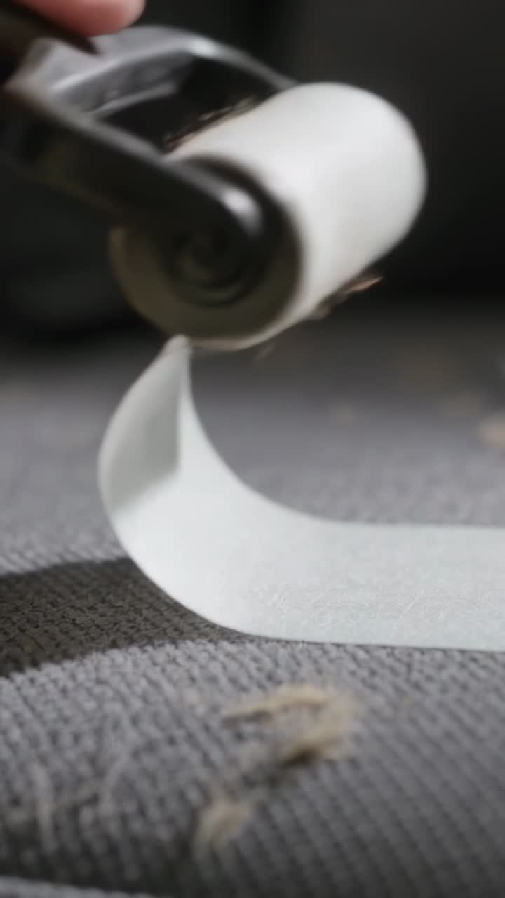 Vertical video: Placing lint roller on tuft, hand rolling on grey sofa at home removing pet hair