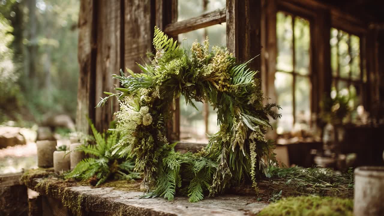 A Beautifully Crafted Wreath Adorned with Lush Greenery and Wildflowers, Perfectly Showcased in an Enchanting Rustic Setting Surrounded by Nature's Beauty