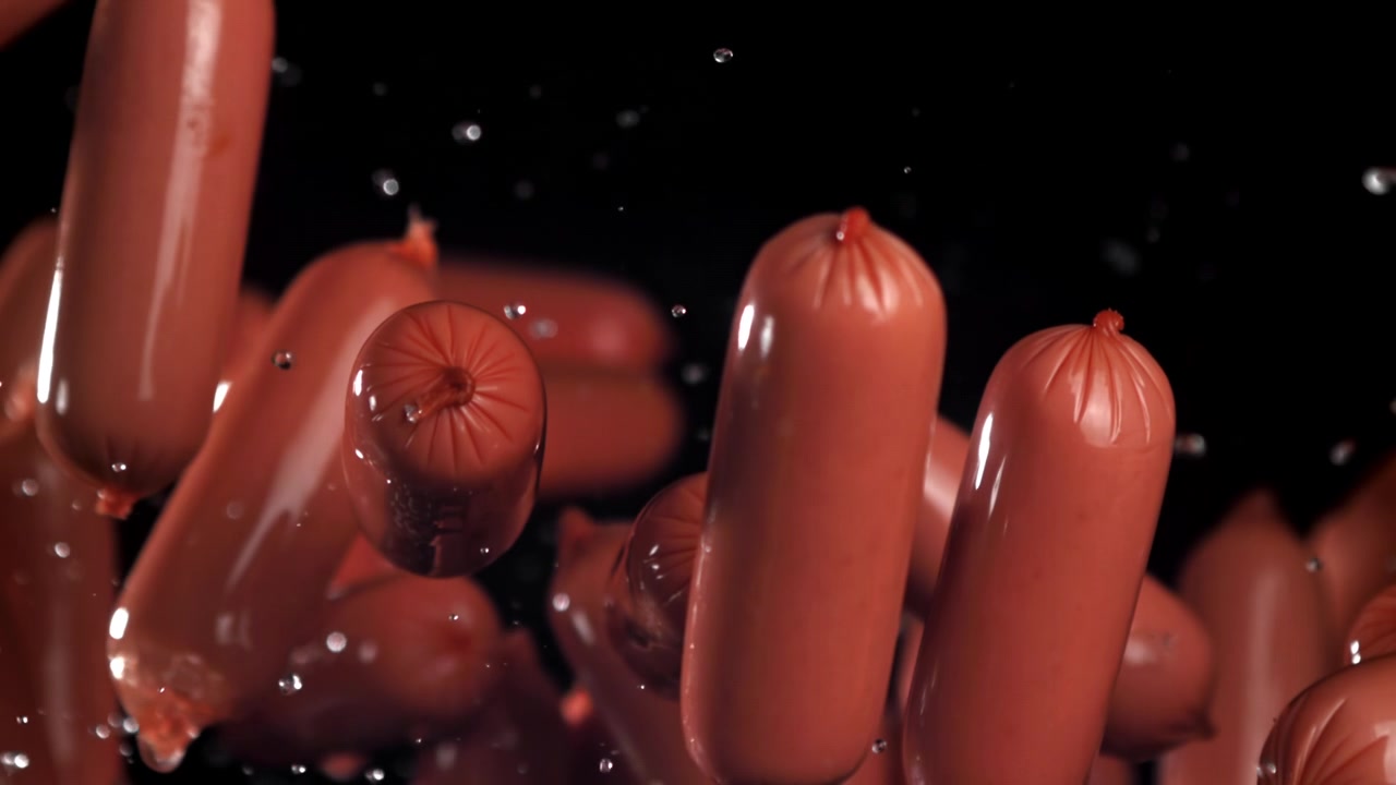 Saucisses fraîches tombant dans l'eau avec des éclaboussures sur fond noir