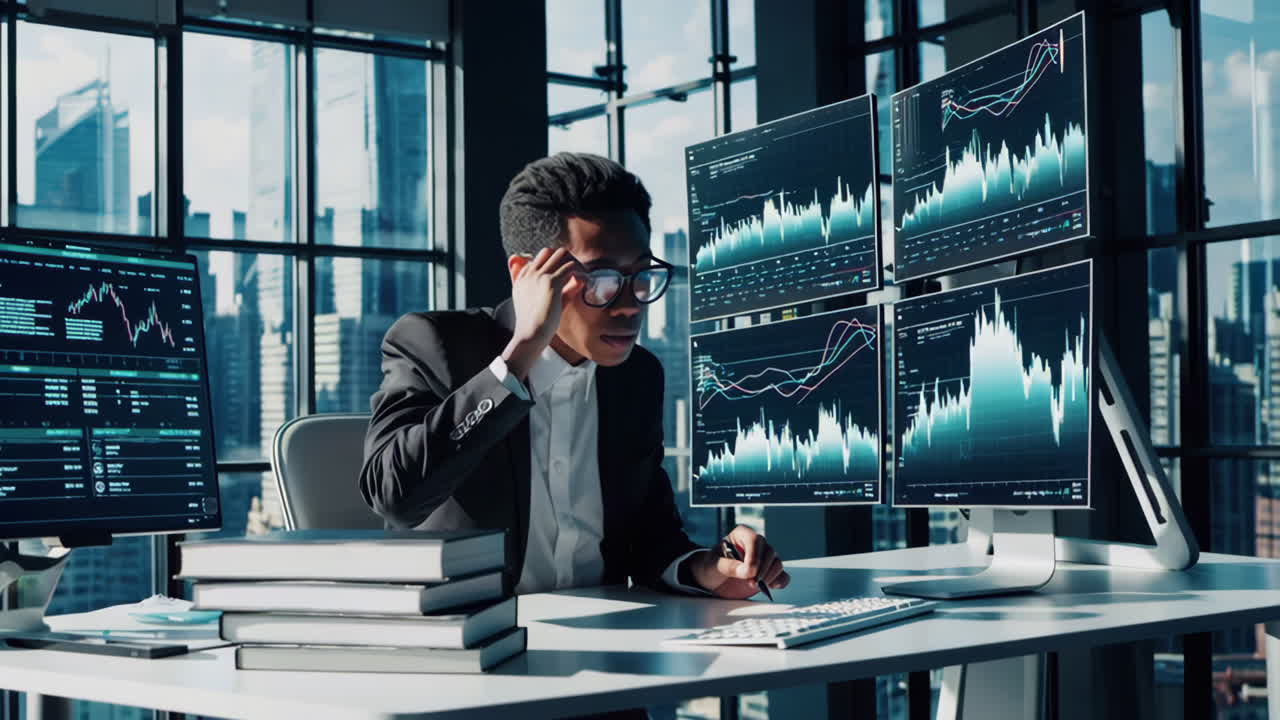Businessman analyzing stock market data in a modern office