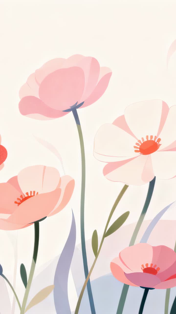 Vertical video: Looping pale-pink poppy-like flowers swaying on cream wallpaper, with coral stamens
