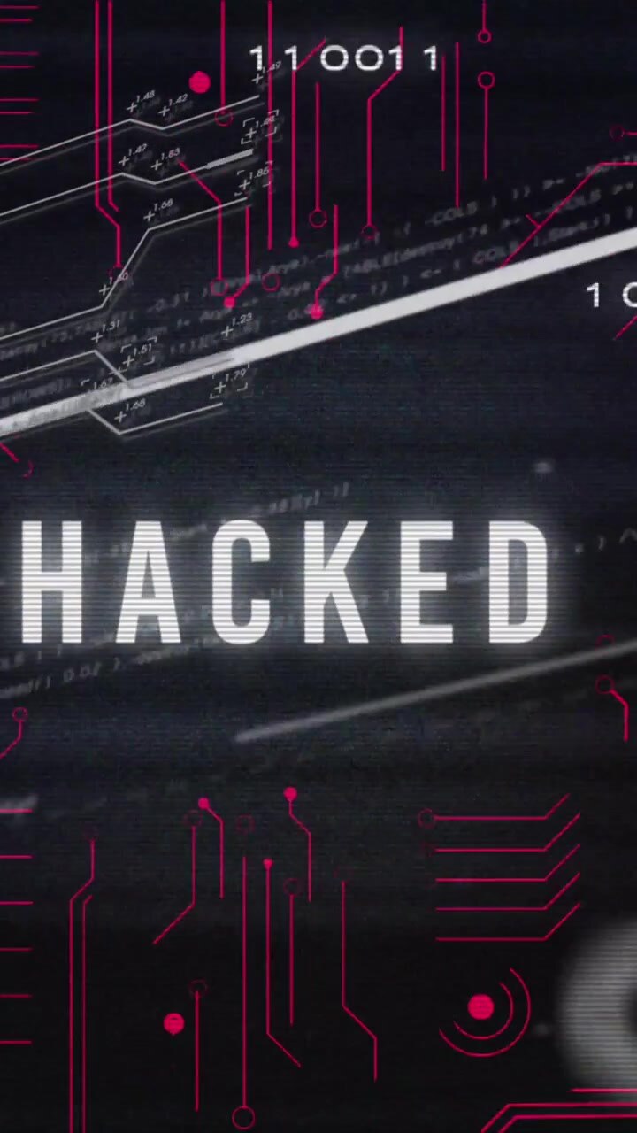 Animation of hacked text, numbers, circuit board pattern and computer language on black background