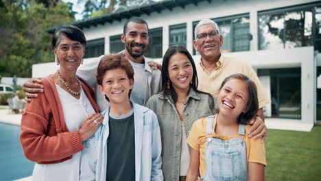 Happy-big-family,-hug-and-real-estate-on-lawn