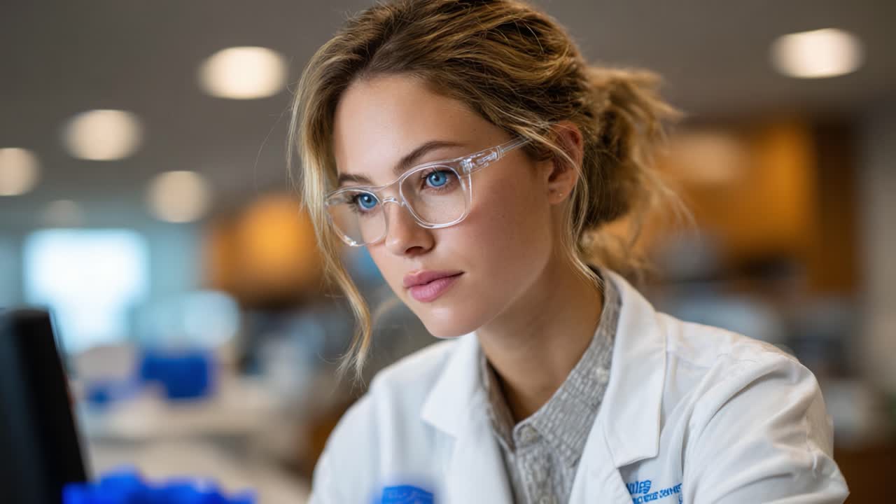 Focused Researcher Analyzing Data in a Modern Laboratory Setting: A Portrait of Dedication and Professionalism in Scientific Inquiry