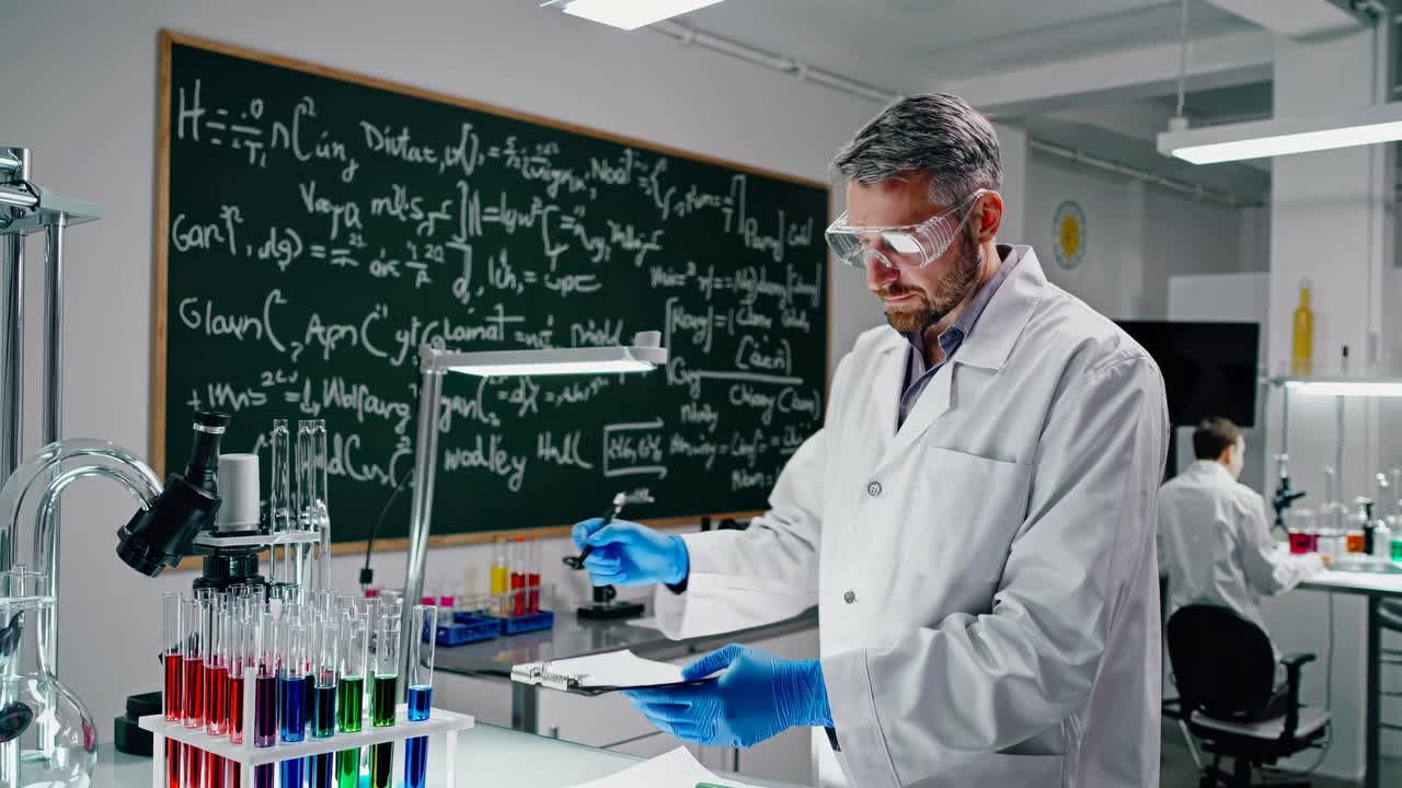 Um cientista usando um jaleco escreve em uma prancheta em um laboratório de química