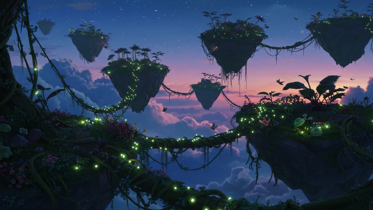 A Serene Fantasy Landscape with Floating Islands and Lush Vegetation Illuminated by Twinkling Lights in a Dreamy Twilight Sky