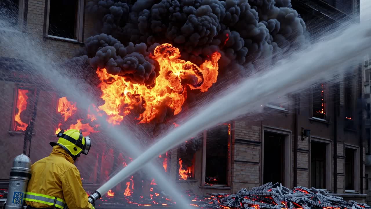 Ripresa video drammatica dal basso verso l’alto di un pompiere in azione, che combatte fiamme e fumo intensi