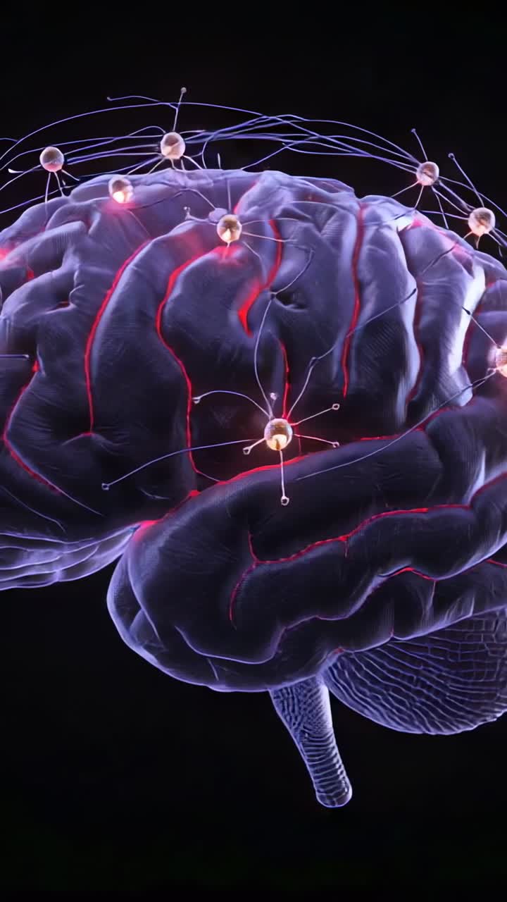 Vertical video: Panning camera revealing 3D brain on dark backdrop, nodes pulsing near brainstem