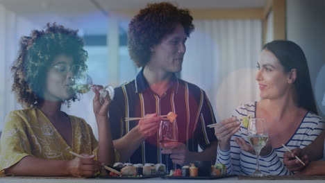 animación de puntos de luz sobre felices amigos diversos comiendo sushi