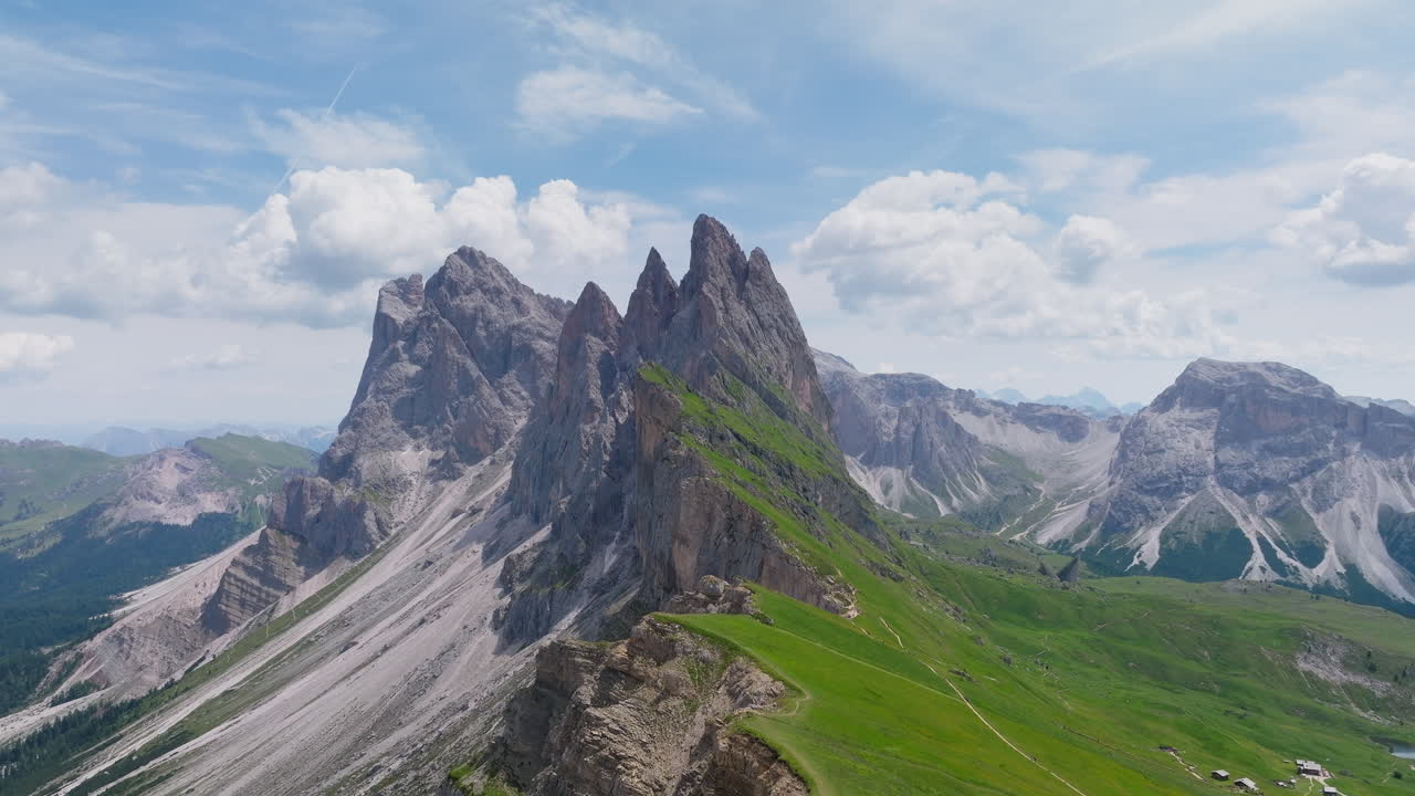 Panoramic drone shot of Seceda ridgeline in Dolomites, Italy