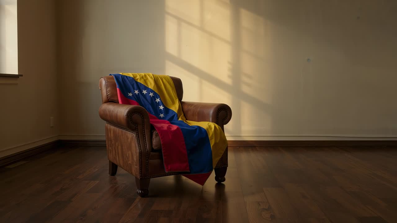 Venezuelansk flag, der flyttes over en læderslænestol, mens vinduet trækker, og kameraet zoomer ind og afslører folder
