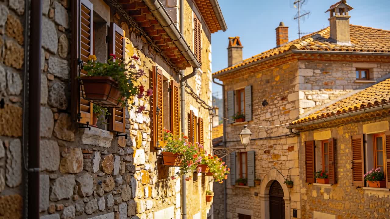 Telecamera che inizia ravvicinata sulla facciata sinistra, panoramica su una stradina in pietra, mostrando persiane ed evidenziando le trame