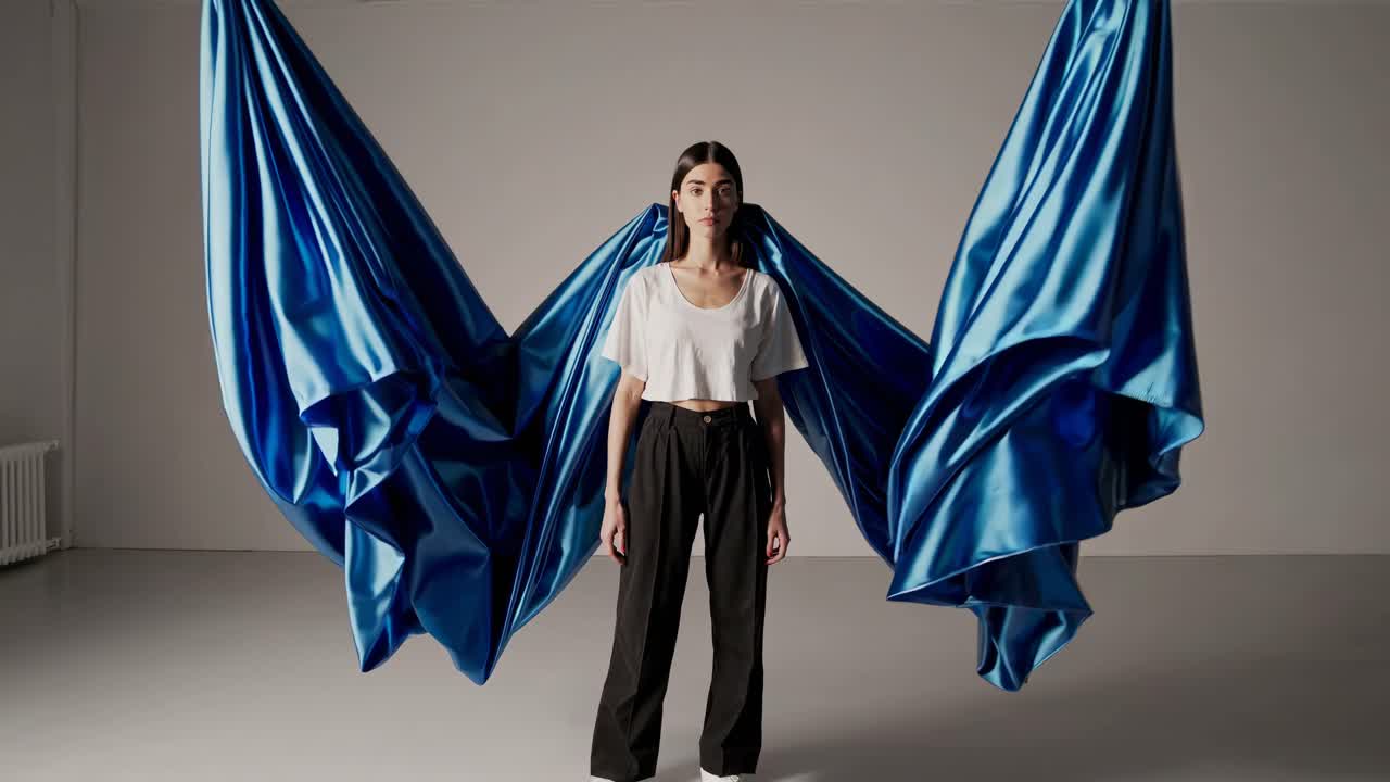 Woman in White Top and Black Pants with Blue Draped Fabric