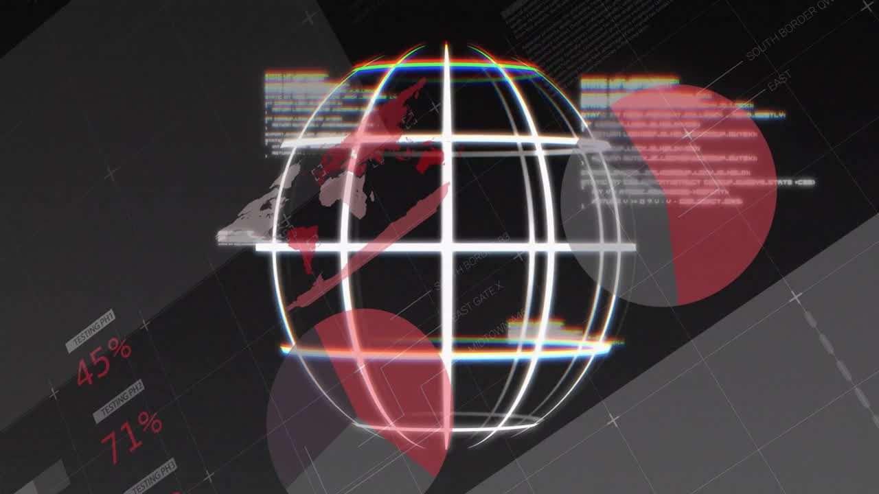 Wireframe globe rotating in flat design HUD, showing red gray pie segments and digital readouts