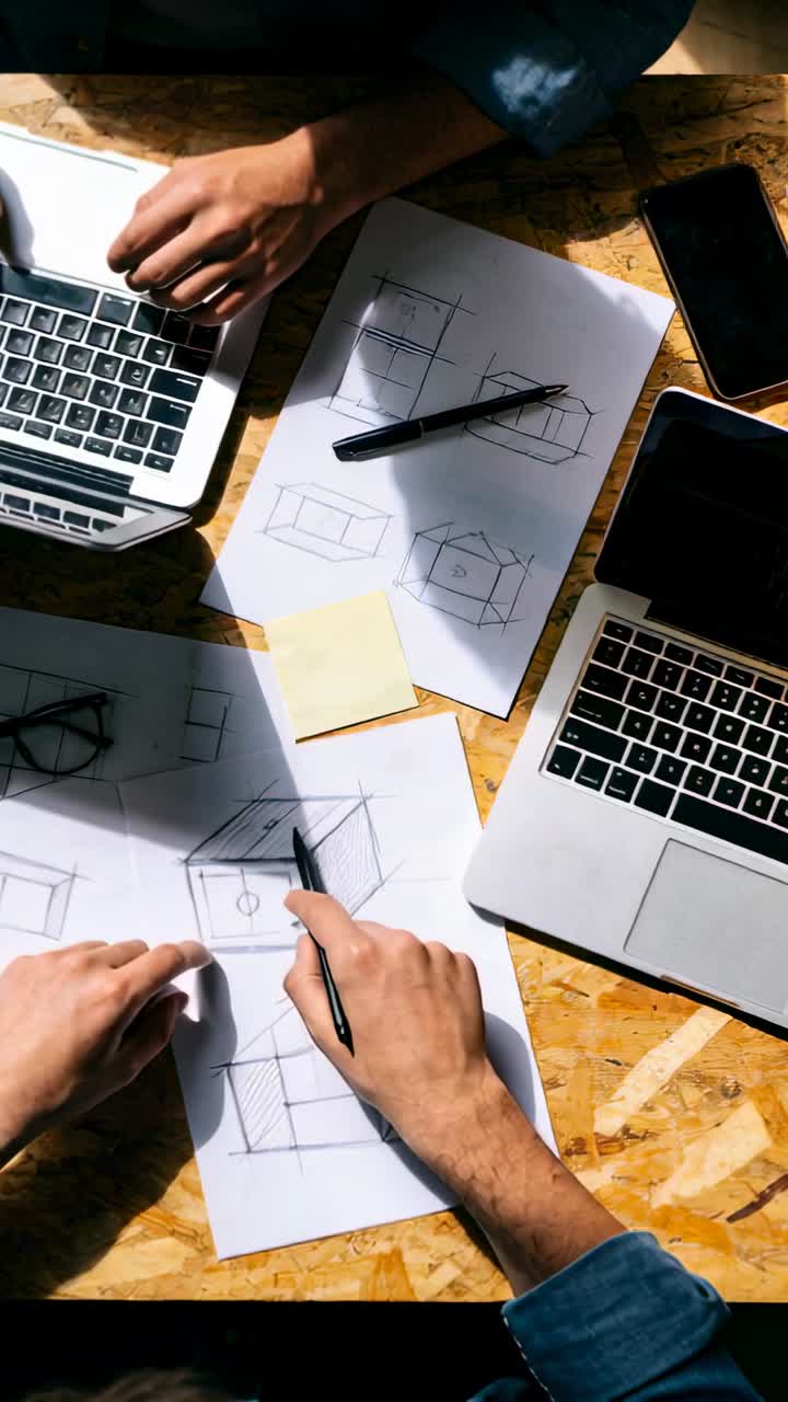 Vertical video: Sketching denim-sleeved coworkers tracing sketches at desk for design with laptops