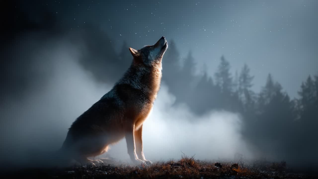 A lone wolf howls to the night sky as stars shine brightly, surrounded by a misty forest, capturing the essence of wilderness and freedom under a moonlit atmosphere
