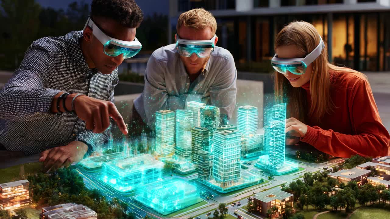Three Engaged Individuals Explore a Futuristic Urban Model with Augmented Reality Glasses, Discovering Innovative Designs and Technologies in a Virtual City Environment