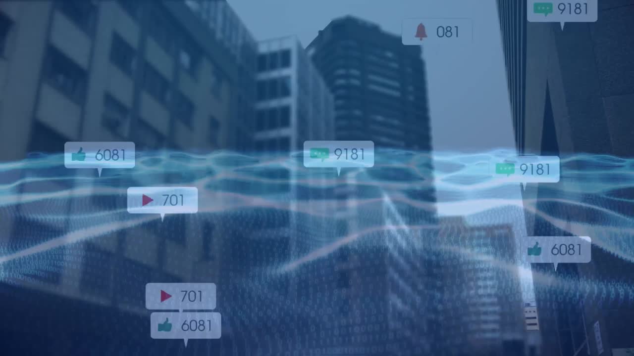 도시 풍경 위의 미디어 아이콘과 스 ⁇ 의 애니메이션