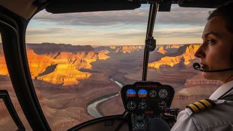 Aerial Journey Over Majestic Canyons: Captivating Views from a Helicopter as the Pilot Navigates Through Breathtaking Landscapes in Golden Light