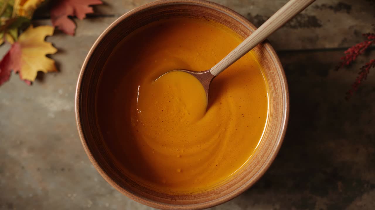 Shifting wooden spoon creating spiral in ceramic bowl orange soup on rustic tabletop autumn leaves