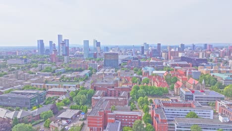 slow aerial pan over manchester from dilworth street reveals the university of manchester campus and the modern skyline, including beetham tower and deansgate square, framed by green city blocks