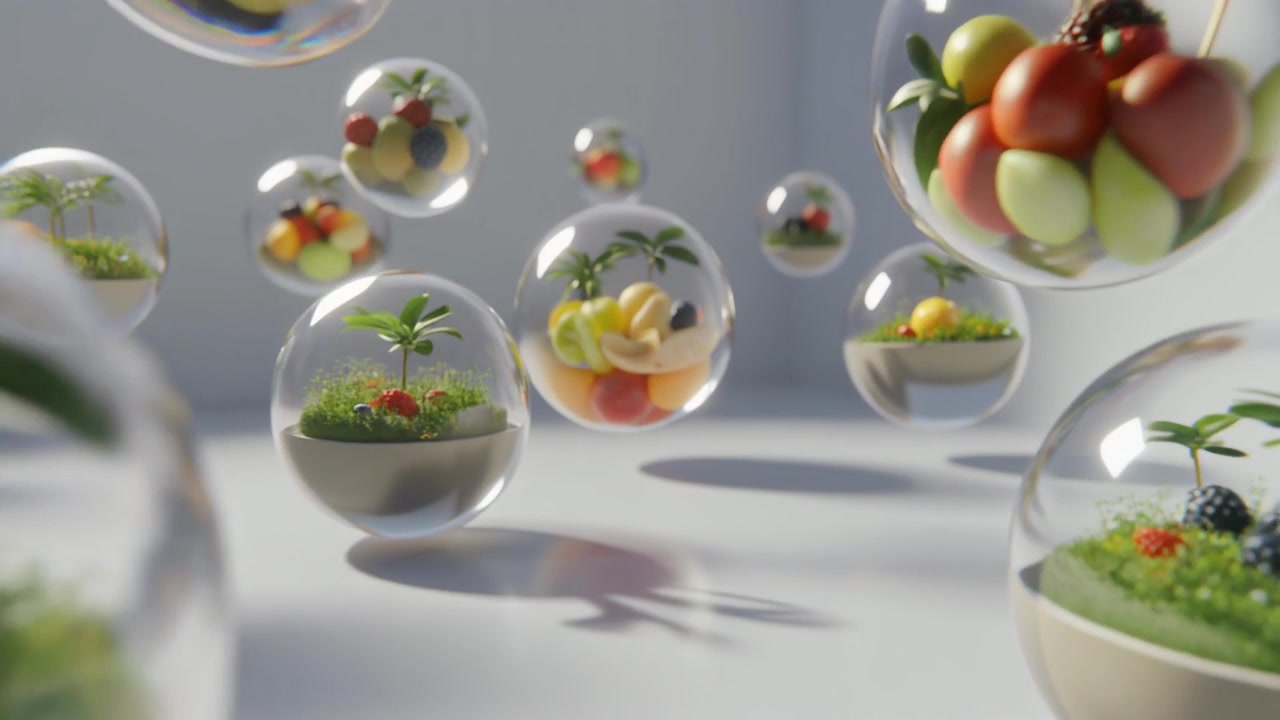 Sfere di vetro galleggianti contenenti ecosistemi in miniatura e frutta