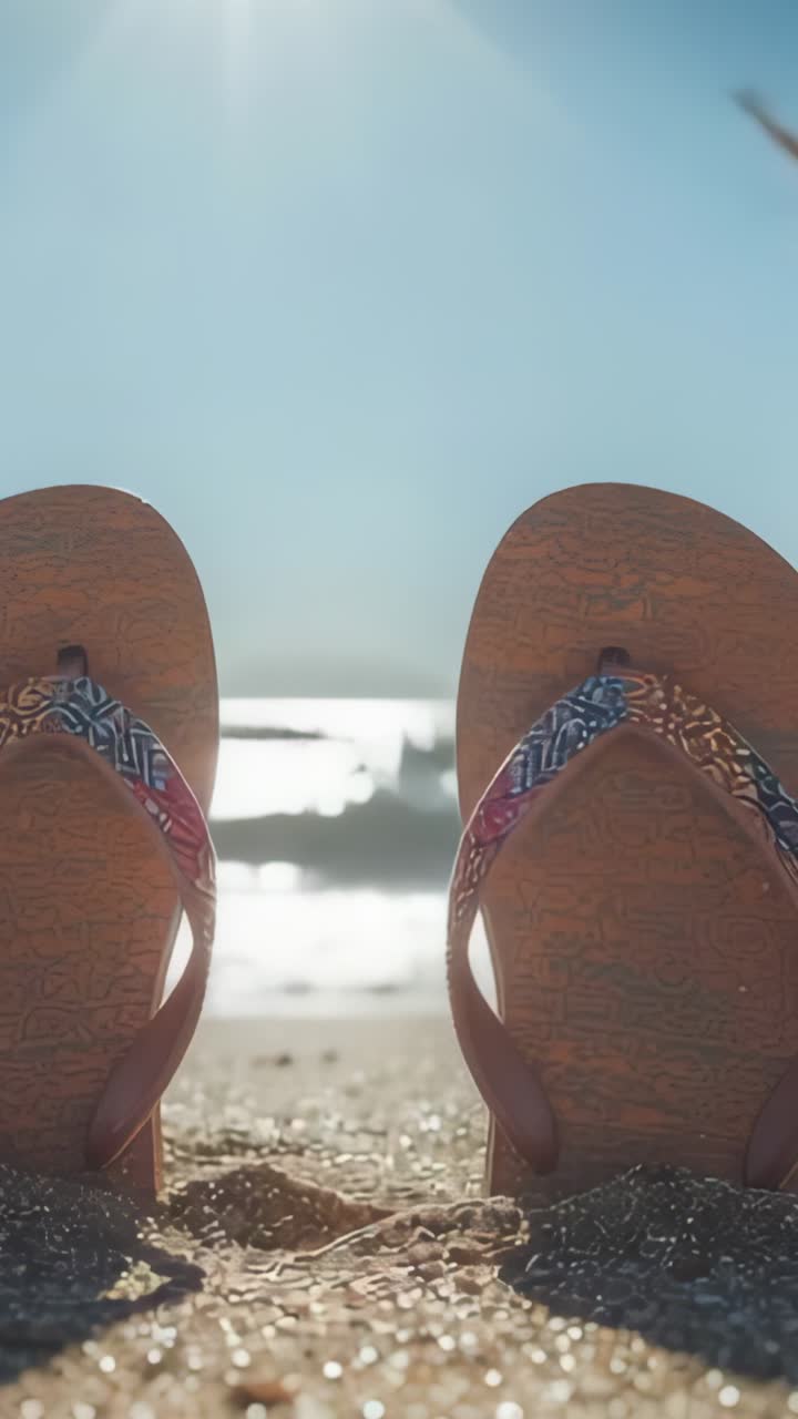 Vertical video: Entering frame, seagull flying behind flip-flops at sandy beach, showing waves