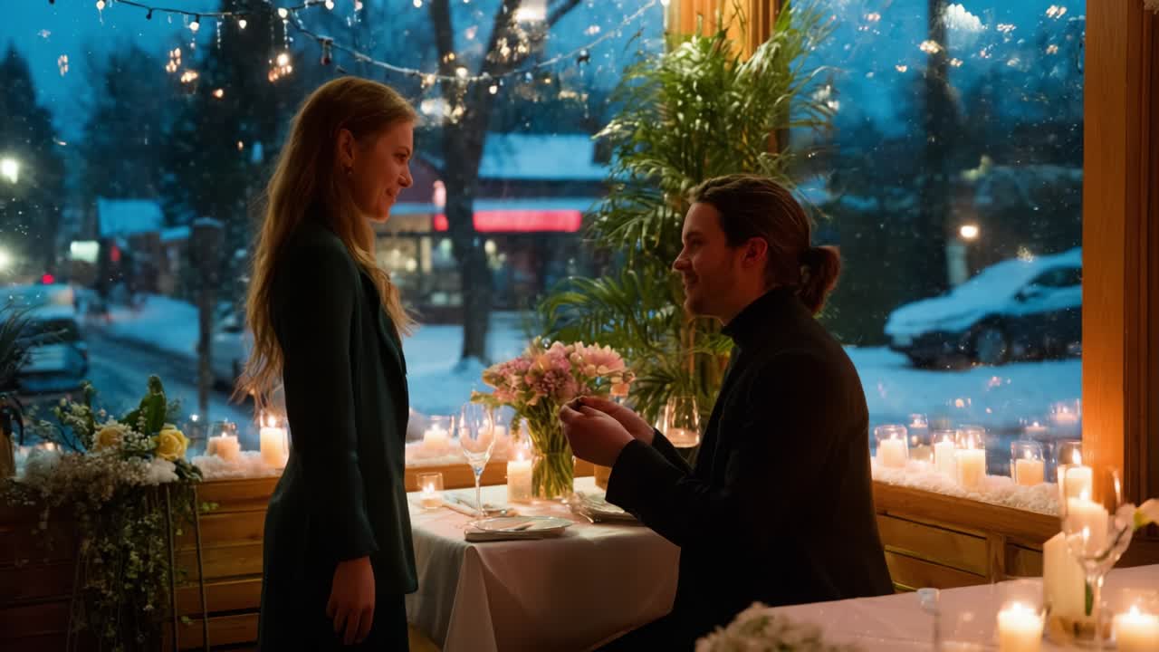 A Romantic Winter Evening: A Cozy Restaurant Setting with Soft Candlelight and Snowfall, Capturing an Intimate Moment Between Two People Who Are Clearly in Love and Sharing a Special Connection