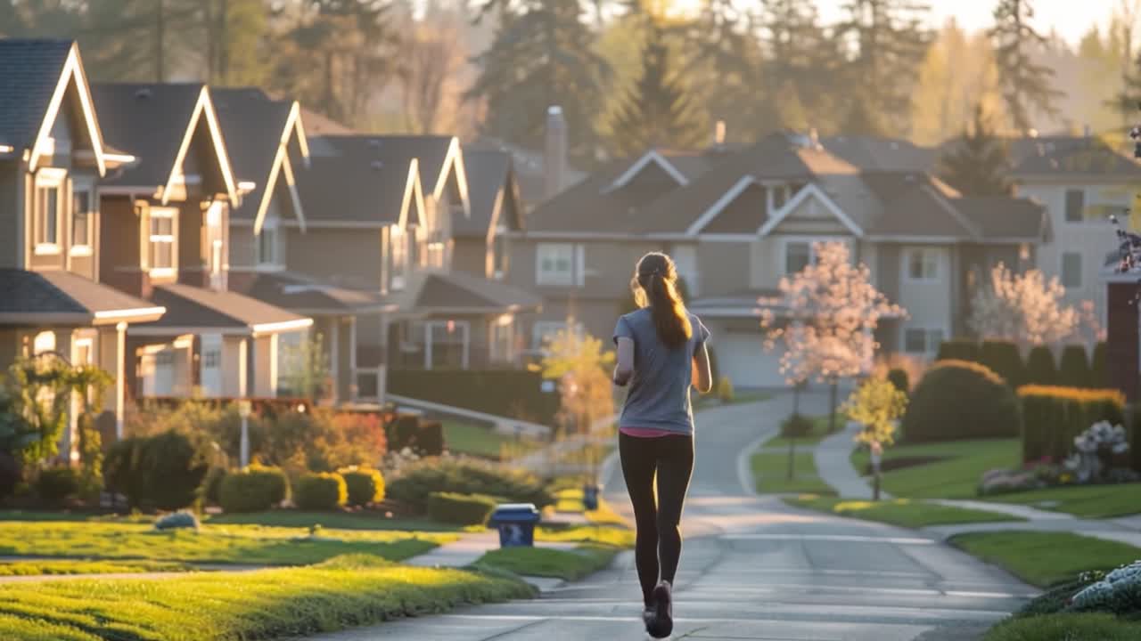 Woman running in a quiet suburban neighborhood