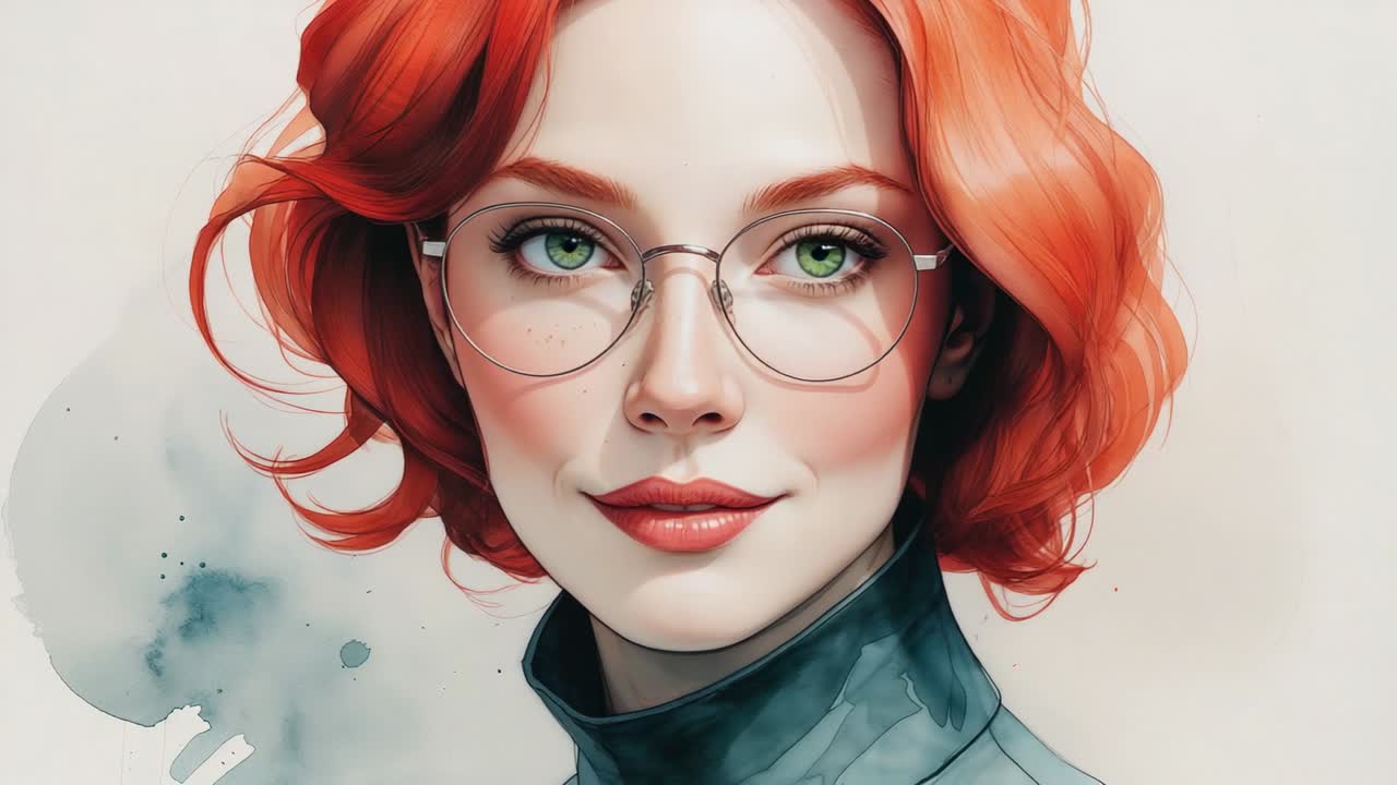 Displaying red-haired woman wearing round glasses and teal top in studio against canvas, watercolor