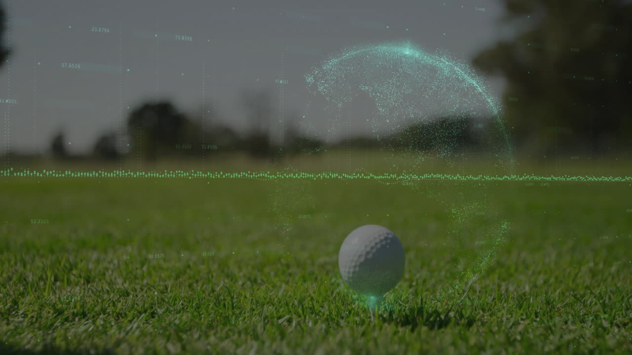Displaying sports technology scene showing golf ball resting on tee on green grass with data arcs