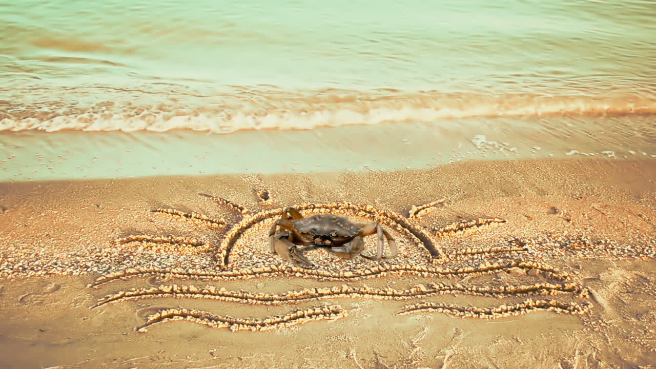 The drawing of the sun on the beach and a crab. Crab on the beach